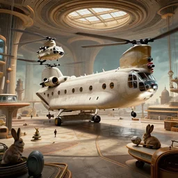 cinematic still of hyper detailed realistic afro retro spaceport designed by frank lloyd wright architect, chinook rabbit helicopters, deep perspective, wide angle, insanely detailed and intricate,