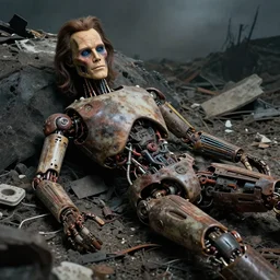 professional photo of animatronic Willem Dafoe by Stan Winston studios lying in a landfill post apocalyptic gloom exposed inner machinery detailed
