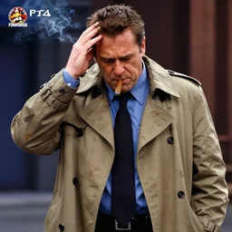 screenshot of police detective columbo ( played by young peter falk ) in his messy trenchcoat, smoking a cigar while rubbing his head in street fighter 4 on the ps 4