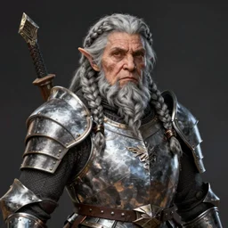elderly female dwarven heavyset fighter with grey braided hairstyle and braided beard and wrinkled skin wearing platemail armor by rossdraws