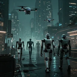 cyberpunk cityscape, robots walking throughout, drones flying, dark, photorealistic - w 768