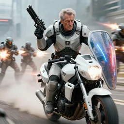 movie photograph of an old man who is a veteran of many futuristic wars with short gray hair and blue eyes. he is wearing a light gray futuristic suit of heavy combat armor and holding a blaster in one hand and a plaster plasma - proof shield in the other. riding a white armored motorcycle charging into enemy lines while firing plasma bolts. futuristic battle.