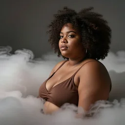 mixed fat woman with an afro in the clouds