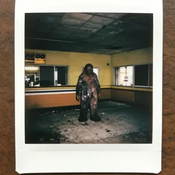 found polaroid photo, flash, interior abandoned fast food place, evil mutant gelatinous creature standing