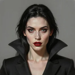 a photorealistically painted portrait of lady vampire, dressed in a suit, perfectly symmetric face!!!, beautiful eyes!!, digital painting, concept art, minimal artifacts, volumetric lighting, Artgerm and William-Adolphe Bouguerea, in the style of Tom Bagshaw, trending on Artstation, award winning art