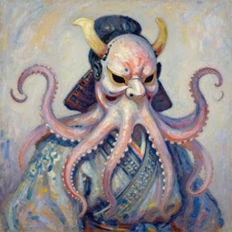 a magical fantastic samurai with a octopus mask by jeremy lipkin, by claude monet, made with millions of stroke, japanese inspiration, wonderful details, crazy colors 1 0 %, pale sober colors 9 0 %