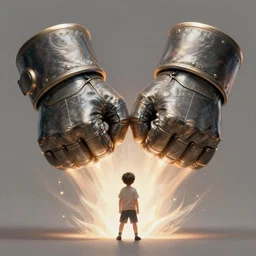 a tiny kid with two huge powerful fist gauntlets, bust shot, smooth, intricate, elegant, power aura, digital painting, artstation, concept art, sharp focus, illustration, art by jason chan and riot studios,