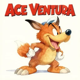 vintage movie poster art for ace ventura by trending pixiv fanbox, watercolor, style of makoto akihiko yoshida takashi stephen bliss yoshiyuki and agnes cecile 4 k concept art