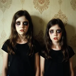 two beautiful but creepy siblings wearing black band shirts in layers of fear, with haunted eyes and dark hair, 1 9 7 0 s, seventies, wallpaper, a little blood, morning light showing injuries, delicate embellishments, painterly, offset printing technique, by mary jane ansell