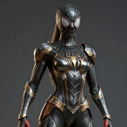 hyper realistic glorious ancientl spiderman girl in a obsidian metal armor, futuristic design, designed by makoto kobayashi and luca zampriolo, portrait, sexy style, wood and gold details, intricate, extremely detailed, ornate, deep of field, hard surface, exoskeleton, substance designer metal unreal engine. amazing likeness. very detailed.