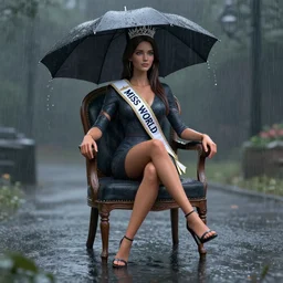 3 d unreal engine of miss of the world sitting on the chair in the rain by greg rutkowski and conrad roset