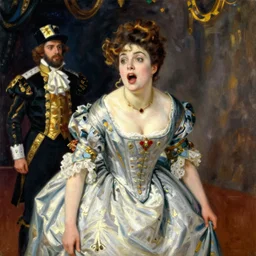 vintage beautiful painting of a woman being scared by a prince on a drama stage in Mary Cassatt style