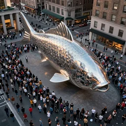 an aerial photograph of a giant metallic fish sculpture in the center of a new york street, a large crowd have gathered, by Claes Oldenburg and jeff koons, pop art, 3D render, Volumetric dynamic lighting, Highly Detailed, Cinematic Lighting, Unreal Engine, 8k, HD