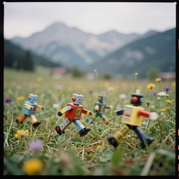 kodak portra 4 0 0, wetplate, muted colours, action photography, 1 9 2 0 s, long shot, macro photo of an colourful plastic toy robots running very fast across a fieldpass near by beautiful flower meadow in the bavarian alps, mountain panorama, motion blur, tiny gaussian blur, depth of field