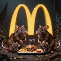post-apocalyptic ratty McDonalds advertisement showing a smiling rat family being served a tray of rats in the style of H.R. Giger