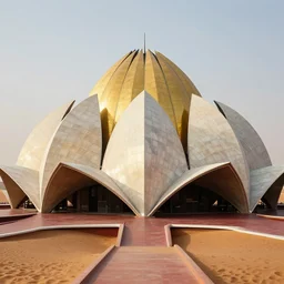 futuristic lotus temple with gold, red and white marble panels, in the desert, by buckminster fuller and syd mead, intricate contemporary architecture, photo journalism, photography, cinematic, national geographic photoshoot