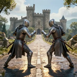 fight scene medieval road near castles, center camera composition, 2 5 mm, volumetric lighting, movie action scene, 8 k, lumen reflections, sharpened, insanely detailed and intricate, elegant, ornate