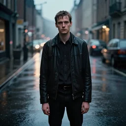 patrick bateman standing in the rainy dark streets, portrait, wlop, beksinski and greg rutkowksi, beautiful ambience