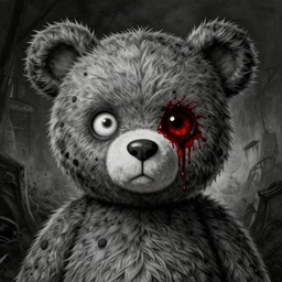 grunge cartoon drawing of a teddy bear with bloody eyes in the style of danny phantom, loony toons style, horror theme, detailed, elegant, intricate