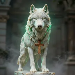 the long shot of portrait of a wolf with a green aura and a wooden cross around his neck, intricate, a marble sculpture by nicola samori, behance, neo - expressionism, marble sculpture, made of mist, still frame from the prometheus movie by ridley scott with cinematogrophy of christopher doyle, arri alexa, anamorphic bokeh, 8 k