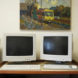 old computers on a shelf at a goodwill, oil painting