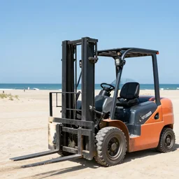 beach during sunny day, forklift in the background, photo style, very detailed