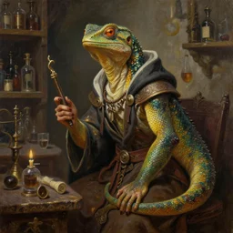 highly detailed 3 / 4 oil painting of an alchemist, anthro lizard fantasy race, medieval apothecary background