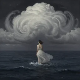 harmony of swirly clouds, girl wearing the ocean as a dress, night sky, by wlop, james jean, victo ngai! muted colors, highly detailed, fantasy art by craig mullins, thomas kinkade