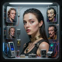 beauty woman, full pallet image, blade runner artifacts, electronic case display, cyberpunk tech, ultrarealistic, futuristic, three point lighting, dramatic lighting, electrical details, high details, 4 k, 8 k, best, accurate, trending on artstation, artstation, photorealism, ultrarealistic, digital painting, style of peter mohrbacher, caravaggio, dali, boris vallejo, hajime sorayama