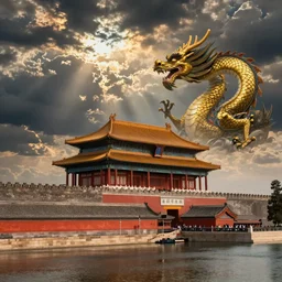 land scape of china forbidden city, on the seashore, eastern dragon in the sky, by caspar david friedrich