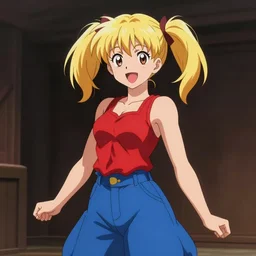 digital art, anime, full shading, a short athletic blonde girl, blonde twin ponytails, happy and spirited expression, medium shot, red tank top and wide blue pants