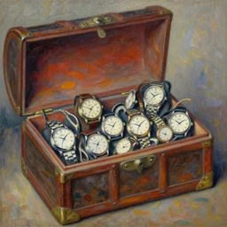 an impressionist painting of a treasure chest full of wristwatches