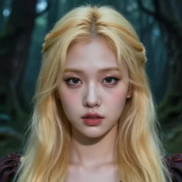 beautiful hyper realistic photograph of pretty blonde korean girl alice, alice in wonderland, dj sura face, close up portrait, artgerm, ilya kuvshinov, 8 k, in a haunted forest