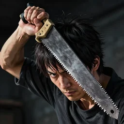 highly detailed portrait of a man with a handsaw head by greg rutkowski and fujimoto tatsuki, dramatic lighting, dynamic pose, dynamic perspective