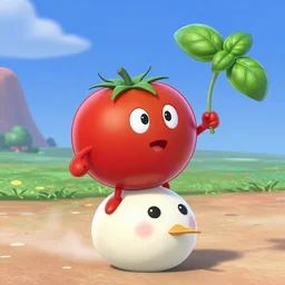 disney character of a tomato who is riding on a mozzarella ball, basil flying