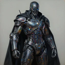 dark cyborg armour made of intricate complex circuitry and microchips, iridescent, warrior assassin, black cloak, colorful, intricate linework, realistic oil painting, rutkowski, wlop, chebokha, artgerm