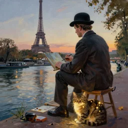 artist Ewan McGregor is painting a painting by the river bank. We can see his back. He is a gentleman and wears a bowler hat, He is an artist, on background there is Eiffel tower, on his feet is lying a brown cat with glowing yellow lights, by d'Édouard Cortès