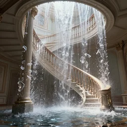 beautiful flooding victorian stairwell, water flowing from side of pillars, crystals, light dust, by peter mohrbacher dan mumford craig mullins nekro, cgsociety, pixiv, volumetric light, 3 d render