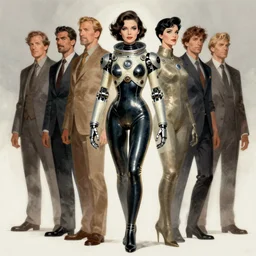 5 0 s pulp scifi fantasy illustration full body portrait elegant woman wearing latex spacesuit with biomech arms, by norman rockwell, roberto ferri, daniel gerhartz, jack kirby, earle bergey, ruan jia, jason fabok, tom lovell, alex malveda, dean cornwell, astounding stories, amazing, fantasy, other worlds