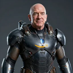 evil looking jeff bezos as a villain with a futuristic armor with an amazon logo, hyper realistic, art station, octane render