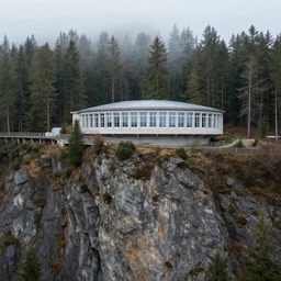 Ellipse-shaped building with rounded windows, built on a large cliff near a coniferous forest. A thin stone bridge goes over the cliff. View from afar, fog, 8k, 16k, architecture photo, high details