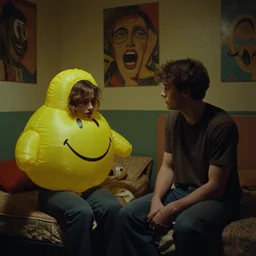still from a 1994 arthouse film about a depressed woman dressed as an inflatable smiley who meets a handsome younger man in a seedy motel room, color film, 16mm soft light, weird art on the wall