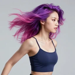 a award winning upper body portrait of a beautiful woman in a coprtop with a ombre purple pink hairstyle with head in motion and hair flying, outrun, vaporware, vivid colors, highly detailed, fine detail, intricate