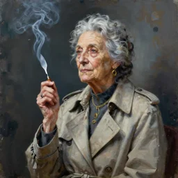 palette knife oil painting portrait of ariadne, a mysterious spiritual guide who is a chain smoking old lady in an ashen trench coat. ghost. extreme detail, any racial background, artstation trending, artgerm, deviant art, octane, substance, art history 8 k