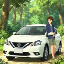 7 0 year old white couple in a nissan sentra in a forest, bright sunny day, anime, artstation, styled