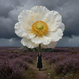 giant flower head, frontal, woman standing in heather hills, surreal photography, stormy sky, dramatic lighting impressionist painting, digital painting, artstation, rob gonsalves
