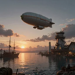 a steampunk sea port, calm seas, sunset, airship in the sky, dark clouds in the distance, hyperreal, artstation