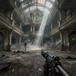 a surrealistic painting of a first person shooter game trailer on a abandoned victorian shopping mall, cinematic lightning, ray tracing, unreal engine 5, photorealistic fps game concept art, detailed, dark, moody, foggy