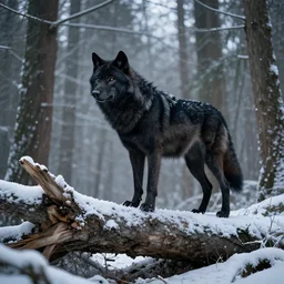 a black wolf, standing on top of a fallen tree, winter forest, fantasy, greg rutkowski, cinematic, extremely detailed