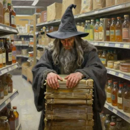 oil painting of Gandalf wearing wizard hat, stacking supermarket shelves, depressing, sadW 704